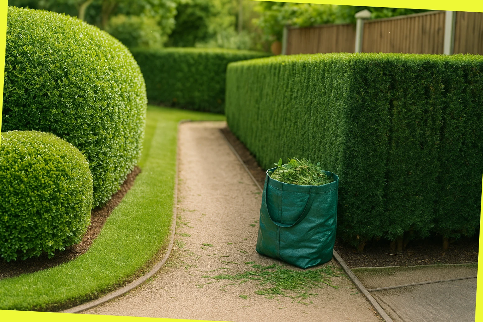 Box and yew hedge with trimmings bagged and path swept