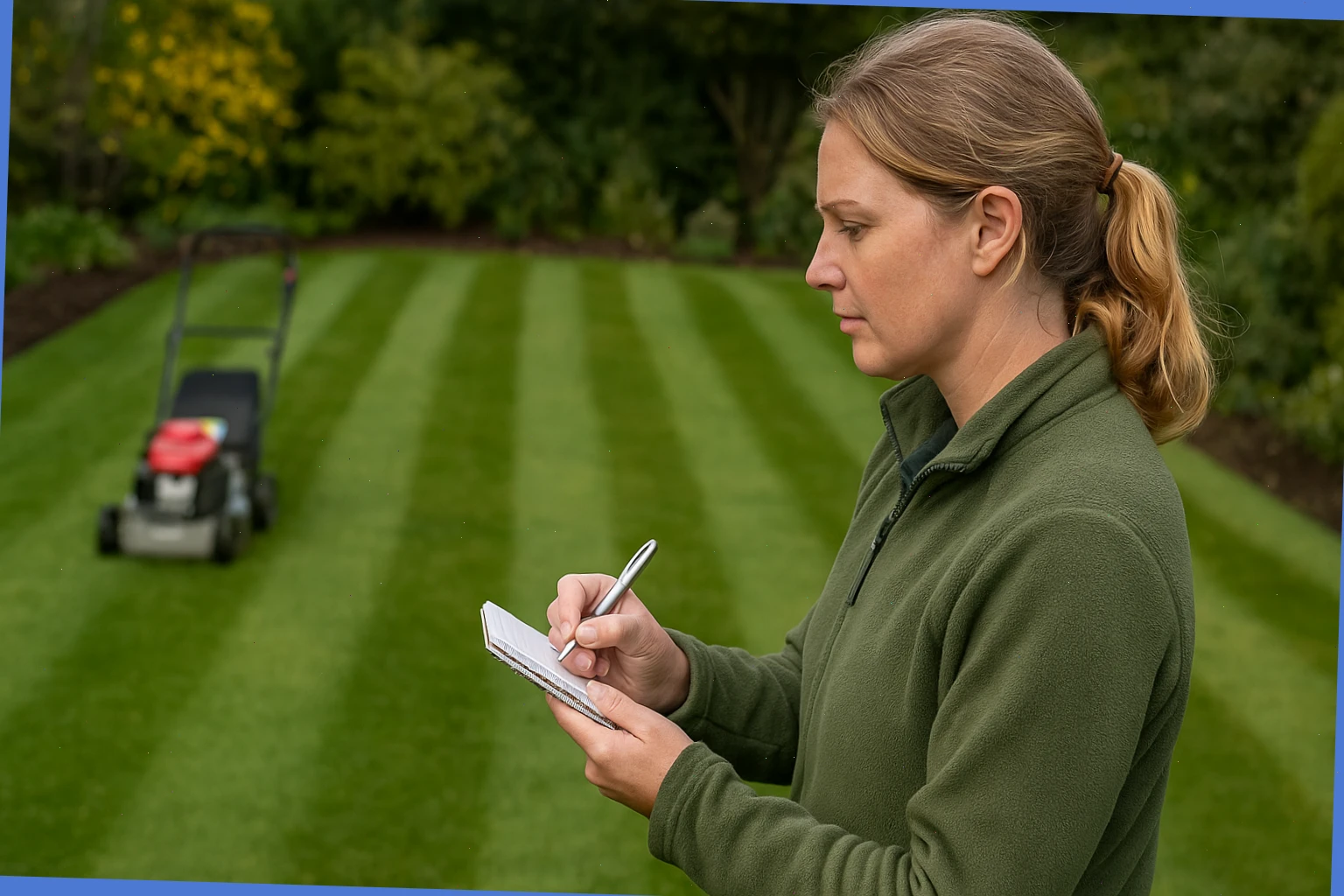 Lead gardener noting mowing stripes and cut height settings