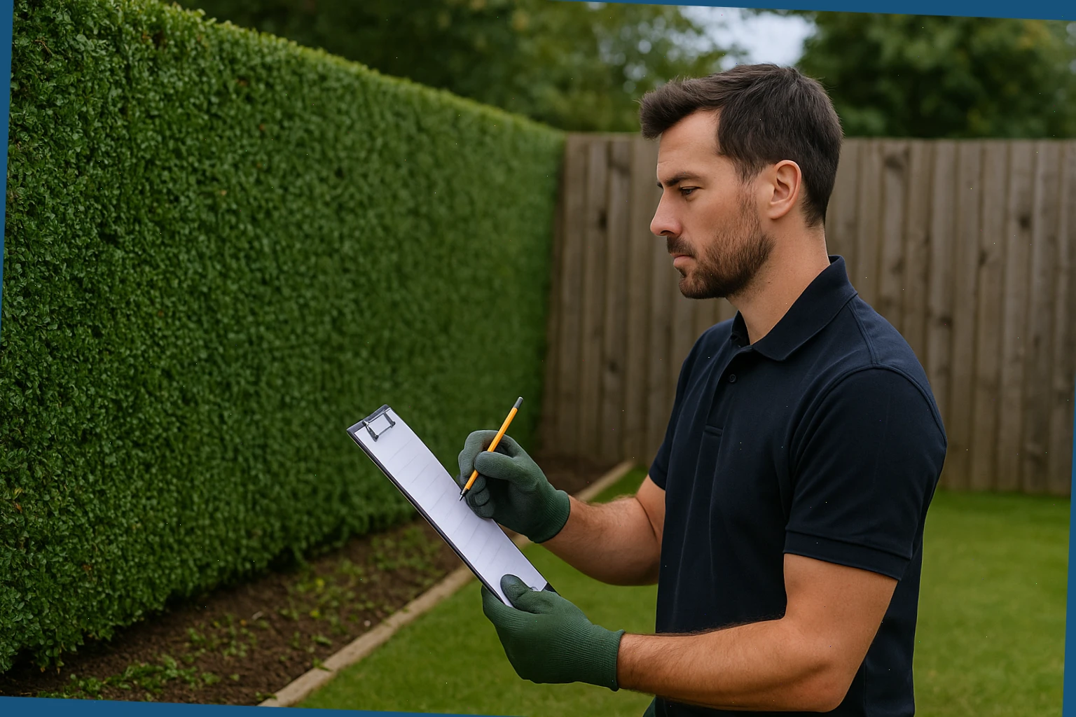 Hedge specialist checking line and clean-up plan by a fence