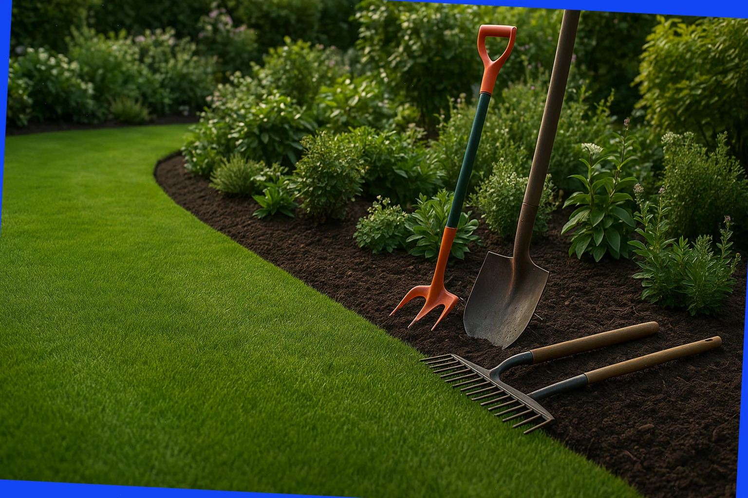 Freshly edged lawn with borders mulched and tools placed neatly