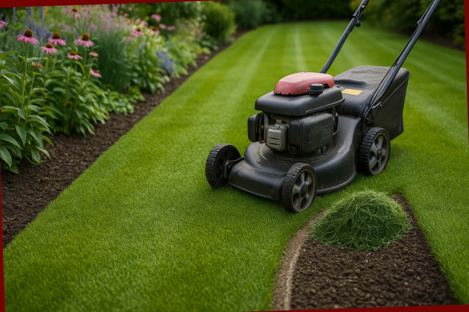 Rotary mower with tidy clippings and crisp lawn edges by a border